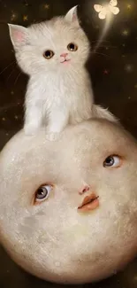 Cute kitten sits on a dreamy moon with stars.