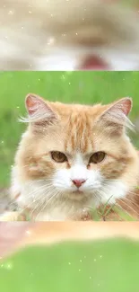 A fluffy orange cat resting on green grass.