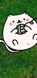 Adorable cartoon cat with yarn on green grass background.