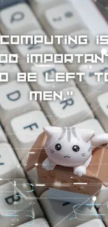 Cute cat toy on keyboard with tech quote wallpaper.