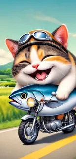 Cartoon cat joyfully riding a motorcycle with a fish.