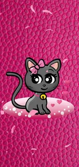 Adorable cartoon cat on a pink textured background.