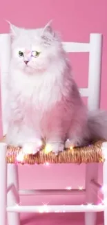 White fluffy cat on a chair with pink background and sparkles.