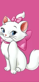 Cute cartoon cat with pink bow on a vibrant pink background.