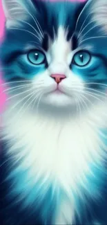 Adorable blue-eyed cat with pink backdrop.