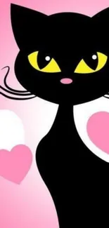 Cute black cat with hearts on pink background wallpaper.