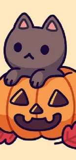 Dark gray cat on a pumpkin with autumn leaves, cartoon style.