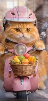 Adorable cat rides a pink scooter with a fruit basket in a city setting.