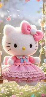 Adorable cat character on swing in a floral background.