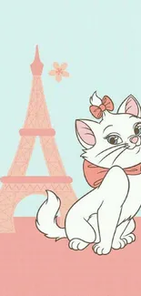 Cute cat with Eiffel Tower on pastel background.