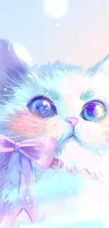 Pastel art wallpaper of a cute kitten with a pink bow and dreamy eyes.