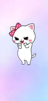 Cute cartoon cat with pink bow on pastel background.