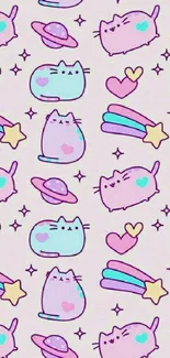 Cute pastel cat wallpaper with hearts and stars.