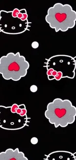 Black wallpaper with cute cat faces and red heart designs.