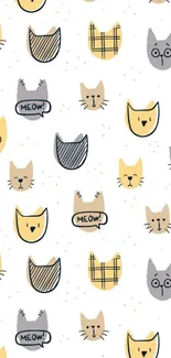 Cute cat illustrations in yellow and gray on a white background.