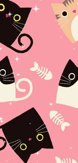 Adorable cat-themed wallpaper with cartoon cats on a pink background.