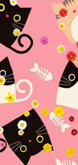 Cute cat pattern wallpaper with pink background and fishbones.