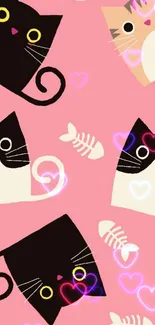 Adorable pink wallpaper with cartoon cats and fishbone design.