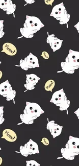 Adorable cartoon cats pattern on a black background with meow bubbles.