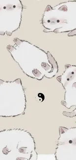 Adorable fluffy white cats with a yin-yang symbol on beige background.