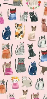 Hand-drawn cats on pastel pink wallpaper.