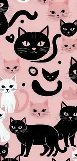 Pattern of black and white cats on pink background wallpaper.