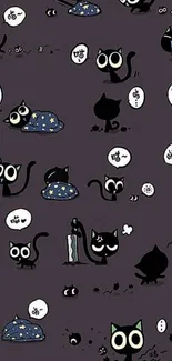 Cartoon black cats on dark purple background.