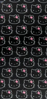 Cute cat pattern with pink bows on black background wallpaper.