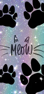 Cat paw and galaxy phone wallpaper with 'Meow' text.