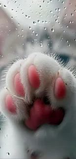 Adorable cat paw on a rainy window glass.