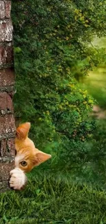 A cute orange cat peeks from behind a brick wall in a lush green setting.