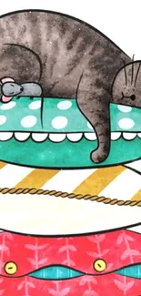 Cartoon cat sleeping on colorful patterned pillows.