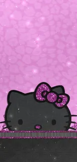 Cute black cat with pink bow on glittery pink background wallpaper.