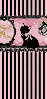 Cute black cat on pink and black striped wallpaper.