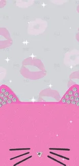 Cute pink cat with lips wallpaper for mobile.