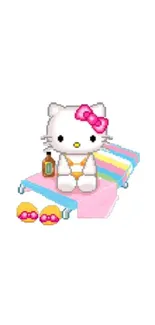 Adorable cartoon cat on a colorful beach towel with summer vibes.