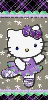 Adorable purple Hello Kitty with stars background.