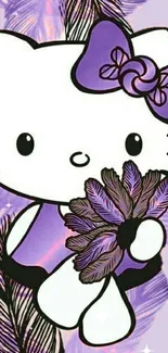 Cute cartoon cat with purple background and feather details.