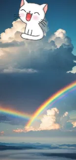 Cute cartoon cat and rainbow over cloudy sky wallpaper.