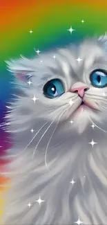 Fluffy white cat with blue eyes and a rainbow background.