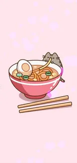 Cute cartoon cat with ramen bowl on pink background.