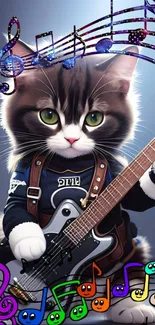 Cute cat playing guitar with colorful musical notes.