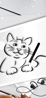 Stylish cat sketch wallpaper with headphones and a pencil.