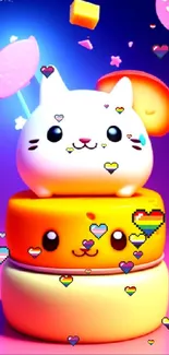 3D wallpaper with a cute white cat stacked on vibrant colors.