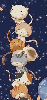 Stacked cute cats on a starry night sky with dark blue background.