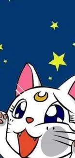 Cute anime cat with stars on a blue background wallpaper.