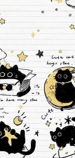 Whimsical black cats and stars on lined paper.