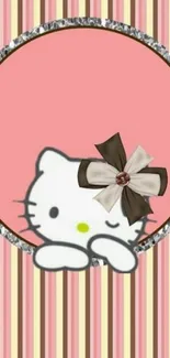 Cute wallpaper with pink stripes, winking cat, and bow detail.