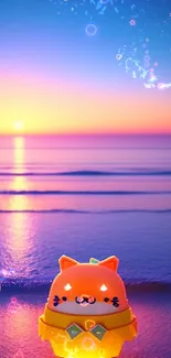 Adorable cartoon cat at sunset on beach with vibrant colors.