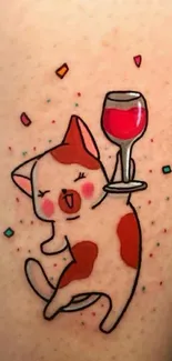 Cute cat tattoo with wine glass on skin background.